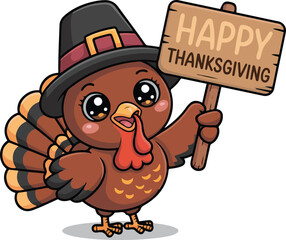 Cute cartoon turkey wearing a pilgrim hat holding a happy thanksgiving sign on transparent background for holiday greetings