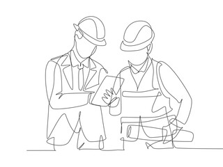 Top view cad drawing set for architectural projects, executive men standing. Construction people in lines project drawing architects and workers editable vector 