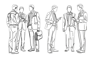 Top view cad drawing set for architectural projects, executive men standing. Construction people in lines project drawing architects and workers editable vector 