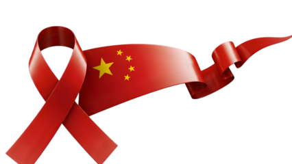 Red ribbon with china flag design on transparent background