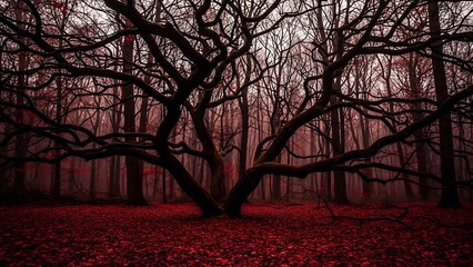 A majestic ancient tree with gnarled branches standing over a vibrant red leaf carpet