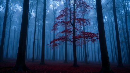 Obraz premium A vibrant red tree stands out amongst the blue misty forest, creating a hauntingly beautiful scene