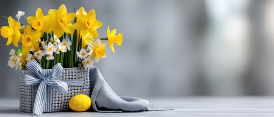 Colorful easter eggs and spring flowers in a basket on a grey table create a festive atmosphere perfect for celebrating the season