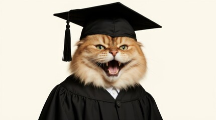A cat wearing a black cap and gown is smiling 
