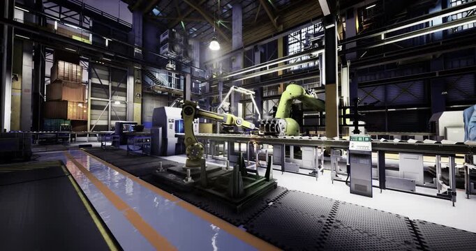 High tech workspace featuring robotic arms and an elaborate conveyor belt system. The environment is well lit, showcasing modern machinery and organized production facilities.