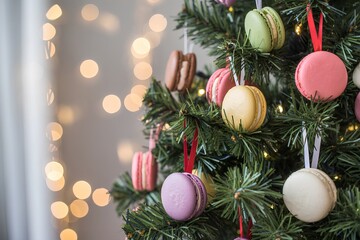 Colorful macaron cookies as whimsical ornaments hanging on a christmas tree, a sweet and modern holiday decoration concept for festive backgrounds
