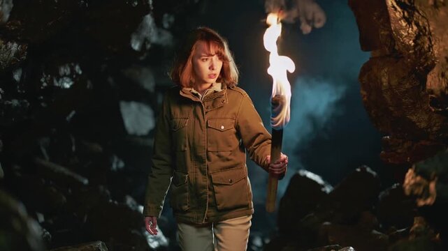 Femme exploratrice avec une torche dans une grotte