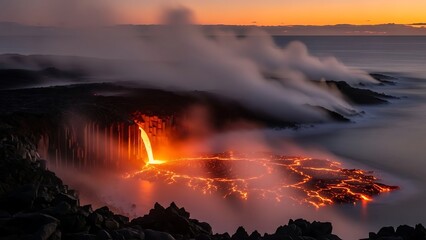 Volcanic eruption at sunset with lava flowing into ocean