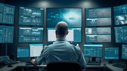 Operator monitoring network systems from command center desk. Multiple display screens showing real-time data feeds and analytics.