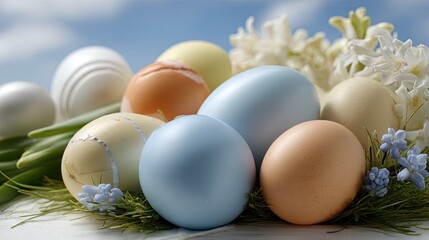 Colorful easter eggs hidden in grass with blooming hyacinth flowers under a bright blue sky during spring