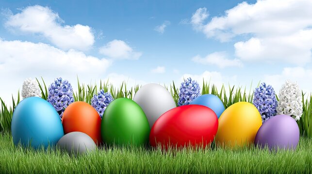 Colorful easter eggs hidden in green grass with blooming hyacinth flowers under a bright blue sky during spring celebration - Powered by Adobe