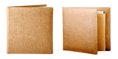 Tan leather portfolio with textured cover and white pages on transparent background isolated on a transparent background