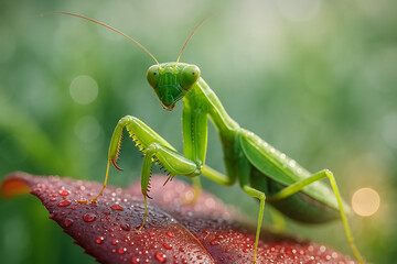 Green Praying Mantis on Dewy Red Leaf With Soft Bokeh