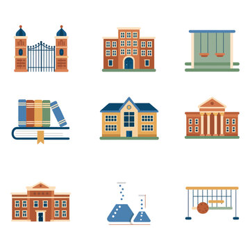 Educational campus and institutional building icon collection with school library college laboratory classroom flat vector illustration