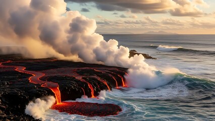 Volcanic eruption meets ocean waves in dramatic landscape
