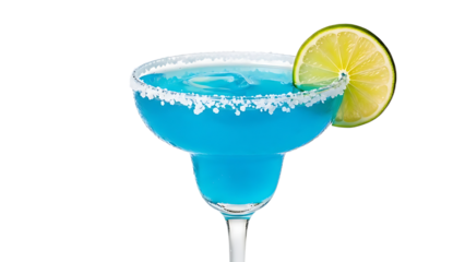 Blue margarita with lime garnish isolated on transparent background