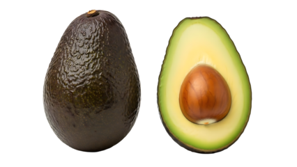 Whole and halved avocado isolated on transparent background