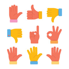 Obraz premium Hand signal and approval gesture icon collection including thumbs up down ok warning flat vector illustration for feedback systems