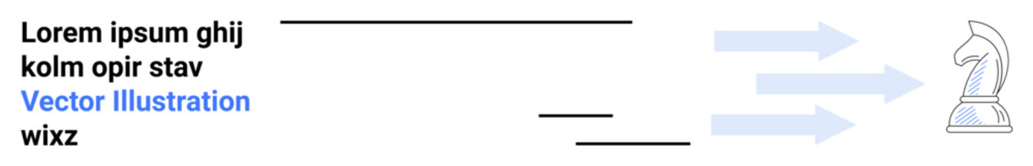 Business strategy, leadership, workflow, goal setting, decision-making, innovation. Text lines leading to arrows converging on a chess knight. Business strategy and leadership visualization