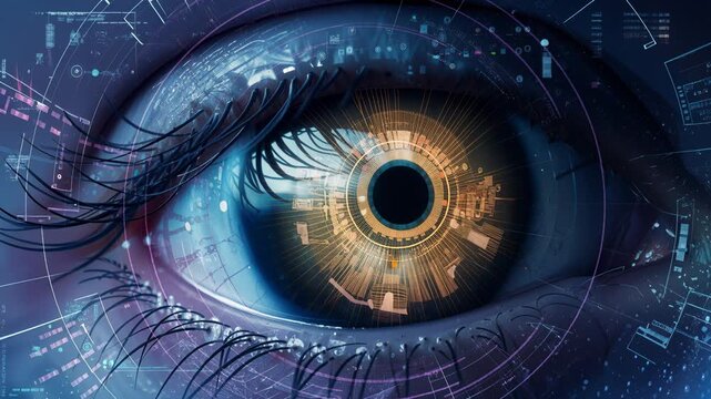 Digital eye with circuit board iris and technological interface overlay. Panning camera movement across digital visualization.