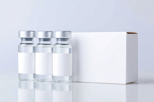 Minimalist pharmaceutical product mockup featuring three glass vials with blank labels and a white box, ideal for showcasing branding and packaging design concepts