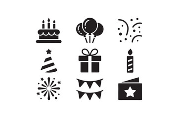 Celebration and party icons set with birthday cake, balloons, fireworks, gifts, candles and festive symbols