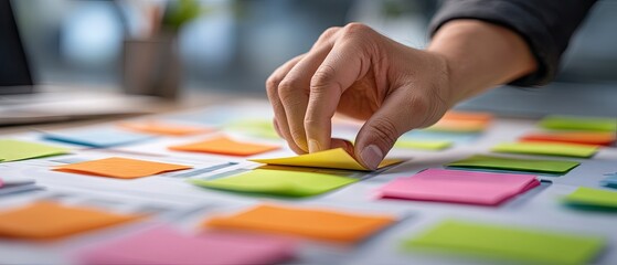 Obraz premium Young businesswoman organizing sticky notes on documents at her desk in the office, focusing on planning and productivity for her entrepreneurial tasks