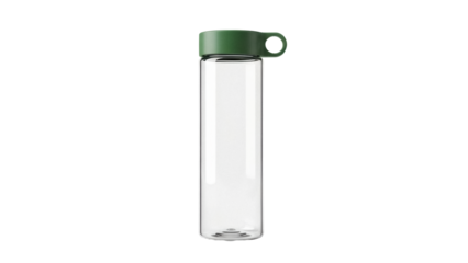 Reusable clear water bottle with green lid isolated PNG, eco-friendly container for hydration and sustainable lifestyle on transparent