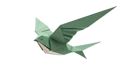 Green origami swallow isolated PNG on transparent background, paper bird art for design and decoration, folded paper animal for creative projects