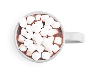 Tasty hot cocoa with marshmallows in cup isolated on white, top view