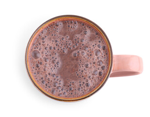 Tasty hot cocoa in cup isolated on white, top view