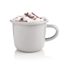 Hot cocoa with marshmallows and chocolate shavings in cup isolated on white