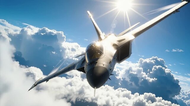 Fighter jet performing aerial maneuvers through cloud formations. Delta-wing combat aircraft in flight with panning camera movement.