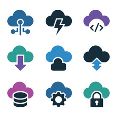 Obraz premium Cloud network and system operation icon set with upload download server security symbols flat vector illustration collection design