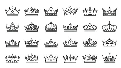 Collection of diverse royal crowns and tiaras in a black and white sketch © Momtaj