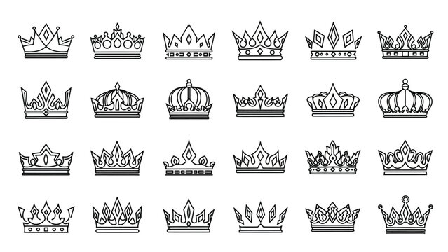Collection of diverse royal crowns and tiaras in a black and white sketch