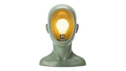 Creative head sculpture with light bulb isolated PNG, concept of ideas and innovation on transparent background