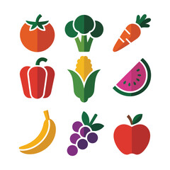 Fototapeta premium Healthy vegetables and fruits icon set with tomato pepper corn carrot banana grapes apple, farm fresh flat vector illustration