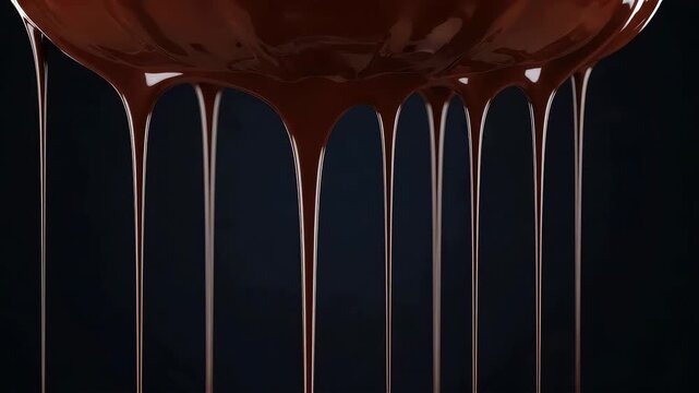 Rich chocolate dripping down against a dark background with smooth flow
