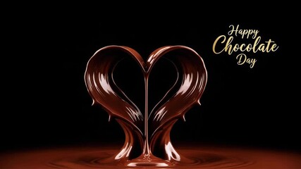Chocolate heart shaped liquid splash on black background with happy chocolate day text