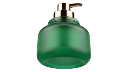 Green frosted glass soap dispenser isolated PNG on transparent background, elegant bathroom accessory for hand washing and personal hygiene