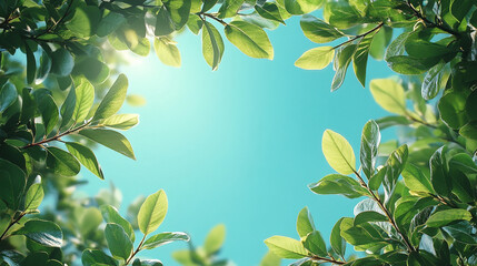 Fresh leaves frame bright sky, natural background