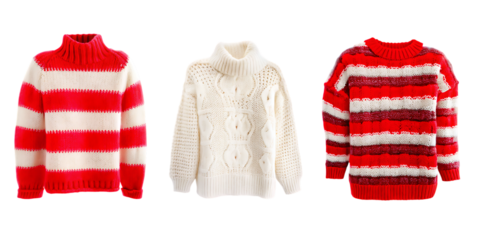 Three Knit Sweaters on White Background isolated on a transparent background knitwear red and white 1