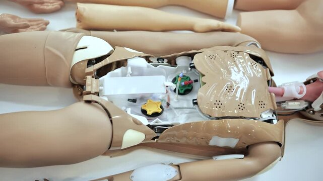 Medical training simulation dummy with open chest for emergency care education