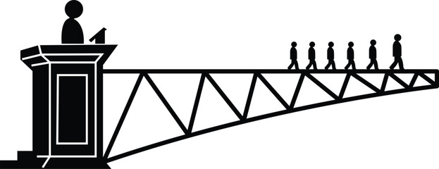 Silhouette of a bridge with a statue and pedestrians