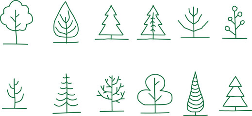 Collection of Hand Drawn Tree Icons in Green Outline