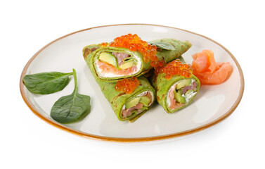 Tasty spinach crepes with salmon, avocado, cream cheese and red caviar isolated on white