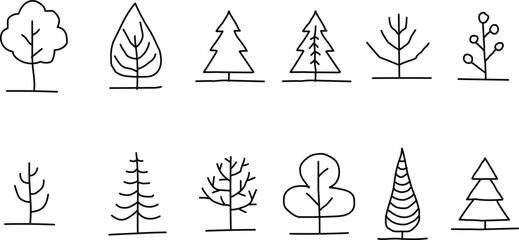 Collection of Hand Drawn Tree Icons in Black Outline