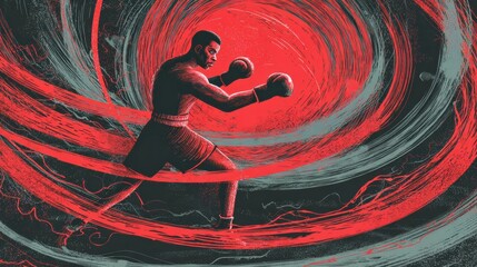 Boxer Throws a Powerful Punch in a Stylized Scene With Bold Outlines and Motion Ribbons Swirling Around the Figure During a Boxing Match