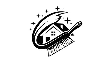House Cleaning Service Logo with Brush and Sparkling Elements.